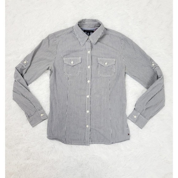 Tommy Hilfiger Tops - Tommy Hilfiger Womens Striped Button Down‎ Shirt Utility Pocket Roll Tab Sleeve